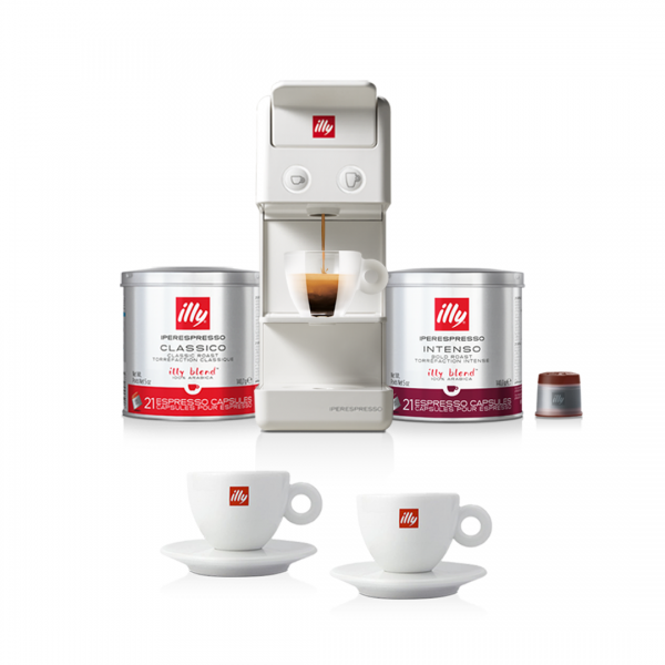 STARTER PACK: Y3.3 iperEspresso Machine - White + 2 Capsule Cans + 2 Cappuccino Cups OLD